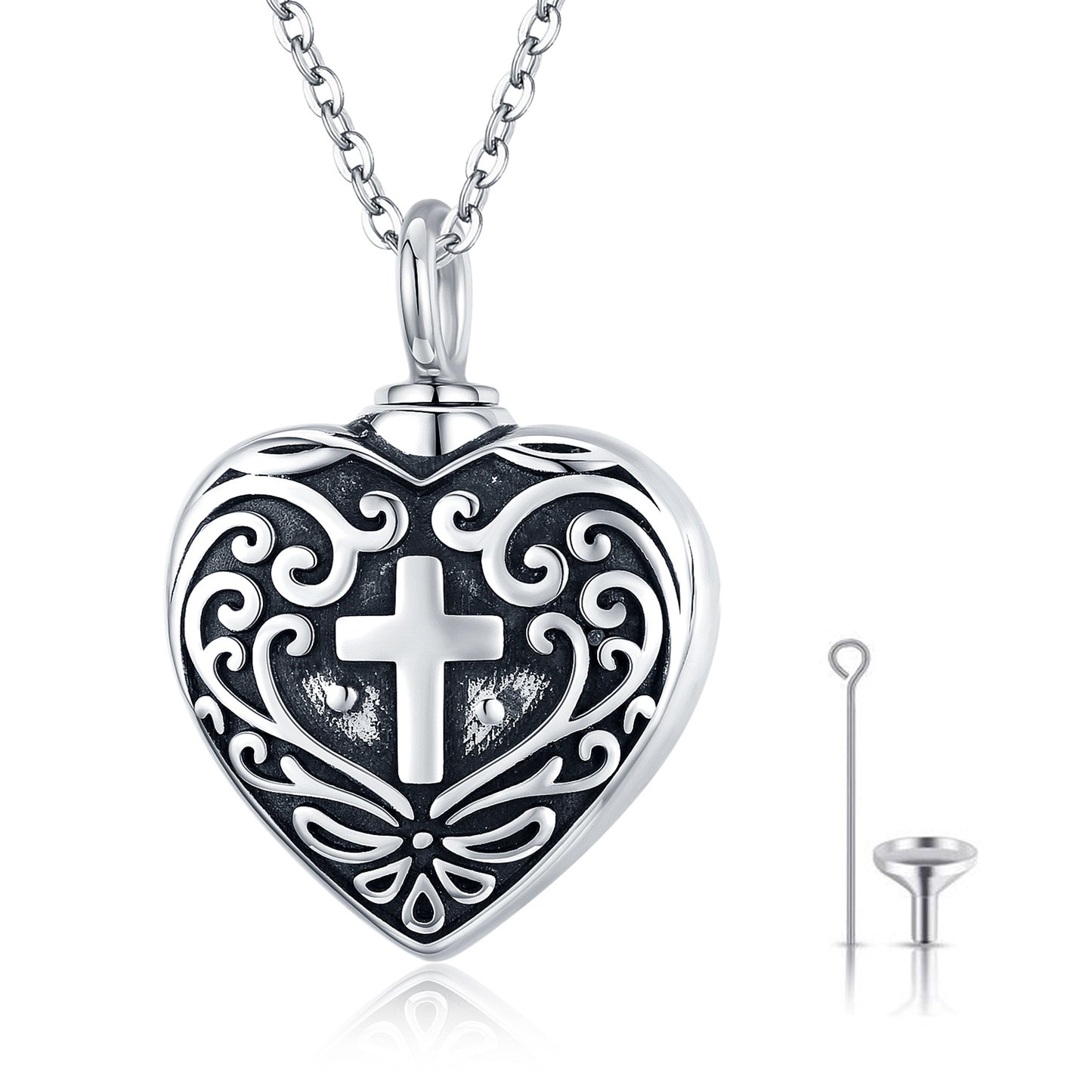 S925 Sterling Silver Cross Urn for Ashes Heart Cremation Keepsake Memorial Jewelry