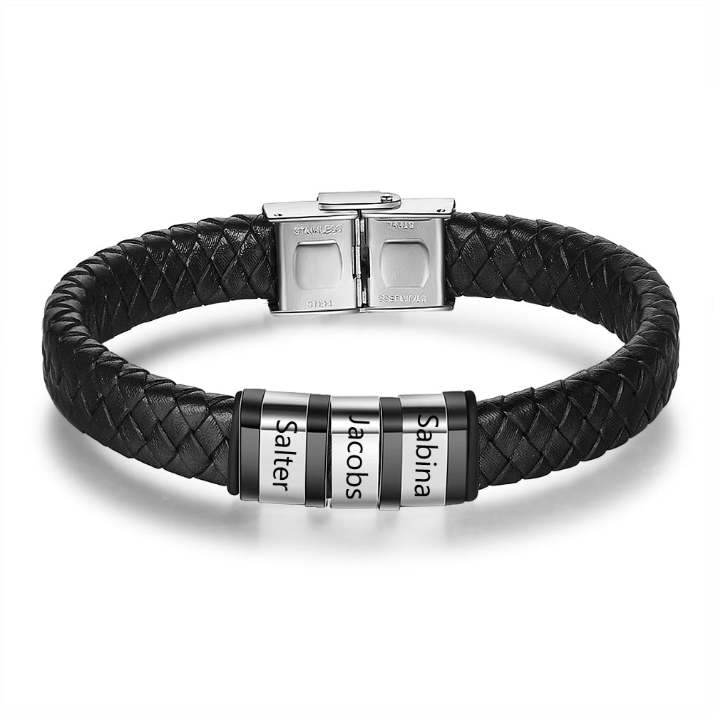 JewelOra Personalized Men Braided Leather Bracelets with Custom Beads Engraved Family Name Stainless Steel Bracelets for Men Dad